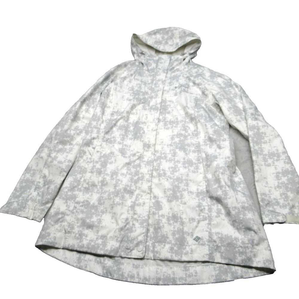 Columbia Long Jacket Womens Large White Digital Camo Waterproof Hooded Full Zip